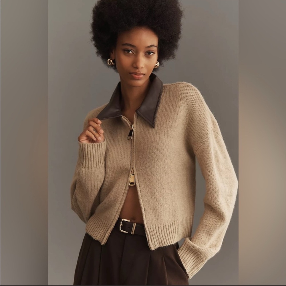 Anthropologie Faux Leather Mixed Cardigan Sweater
